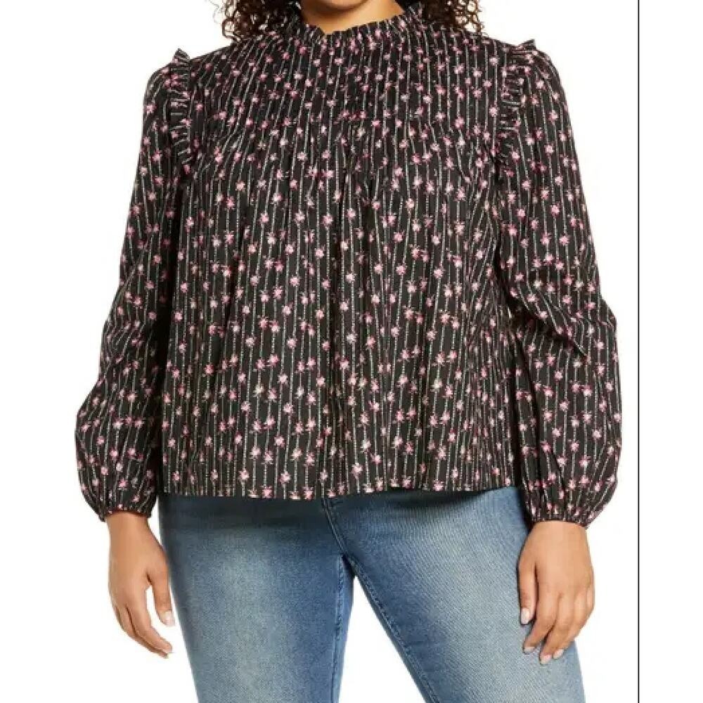 WAYF Blouse Womens 1X Black Floral Stripe Ruffle Neck Cotton Long Sleeve Top